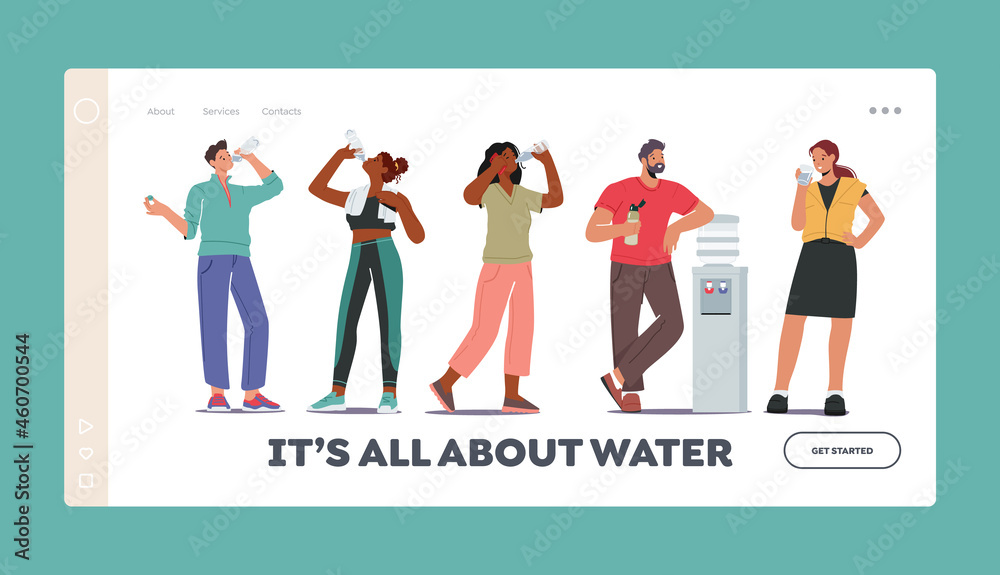 Thirsty People Drink Fresh Water Landing Page Template. Characters Young and Adults Drinking Cold Aqua from Cooler