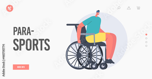 Para Sport Landing Page Template. Disabled Athlete Character Sportsman on Wheelchair Competition. Young Amputee Man