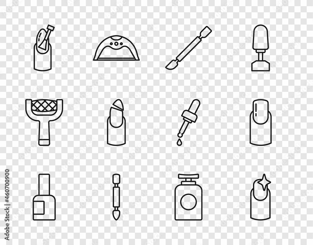 Set line Bottle of nail polish, Nail manicure, Cuticle pusher, Broken, Tube hand cream and icon. Vector Set line Bottle of nail polish, Nail manicure, Cuticle pusher, Broken, Tube hand cream and icon. Vector