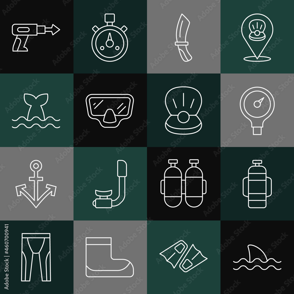 Set line Shark, Aqualung, Gauge scale, Diving knife, mask, Whale tail, Fishing harpoon and Pearl icon. Vector Set line Shark, Aqualung, Gauge scale, Diving knife, mask, Whale tail, Fishing harpoon and Pearl icon. Vector