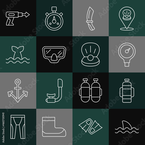 Set line Shark, Aqualung, Gauge scale, Diving knife, mask, Whale tail, Fishing harpoon and Pearl icon. Vector