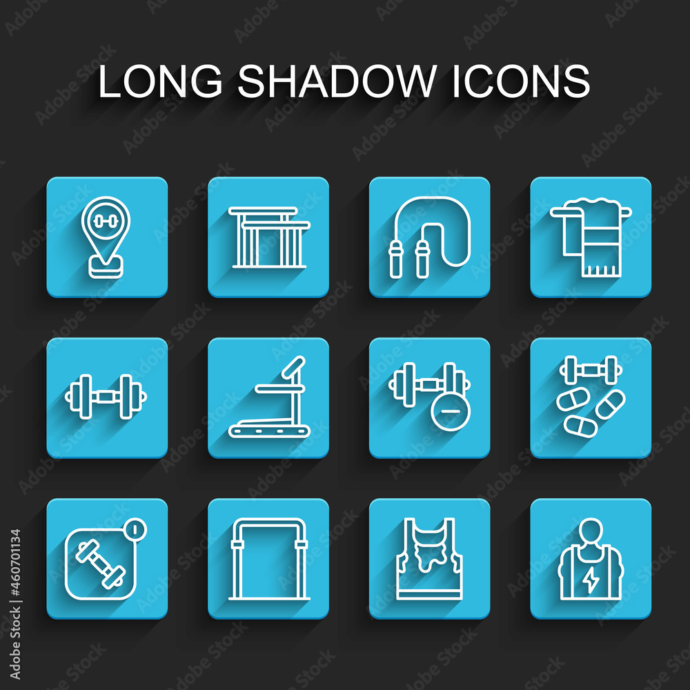 Set line Fitness app, Sport horizontal bar, Location gym, Sweaty sleeveless t-shirt, Bodybuilder, Treadmill machine, Sports doping with dumbbell and Dumbbell icon. Vector Set line Fitness app, Sport horizontal bar, Location gym, Sweaty sleeveless t-shirt, Bodybuilder, Treadmill machine, Sports doping with dumbbell and Dumbbell icon. Vector
