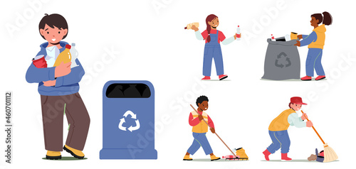Set of Children Characters Collect Trash. Ecology Protection, Social Charity Concept. Kids Volunteers Cleaning Garbage,