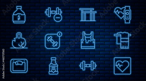 Set line Heart rate, Towel on hanger, Uneven bars, Fitness app, Broken weight, Sports nutrition, Sweaty sleeveless t-shirt and Dumbbell icon. Vector