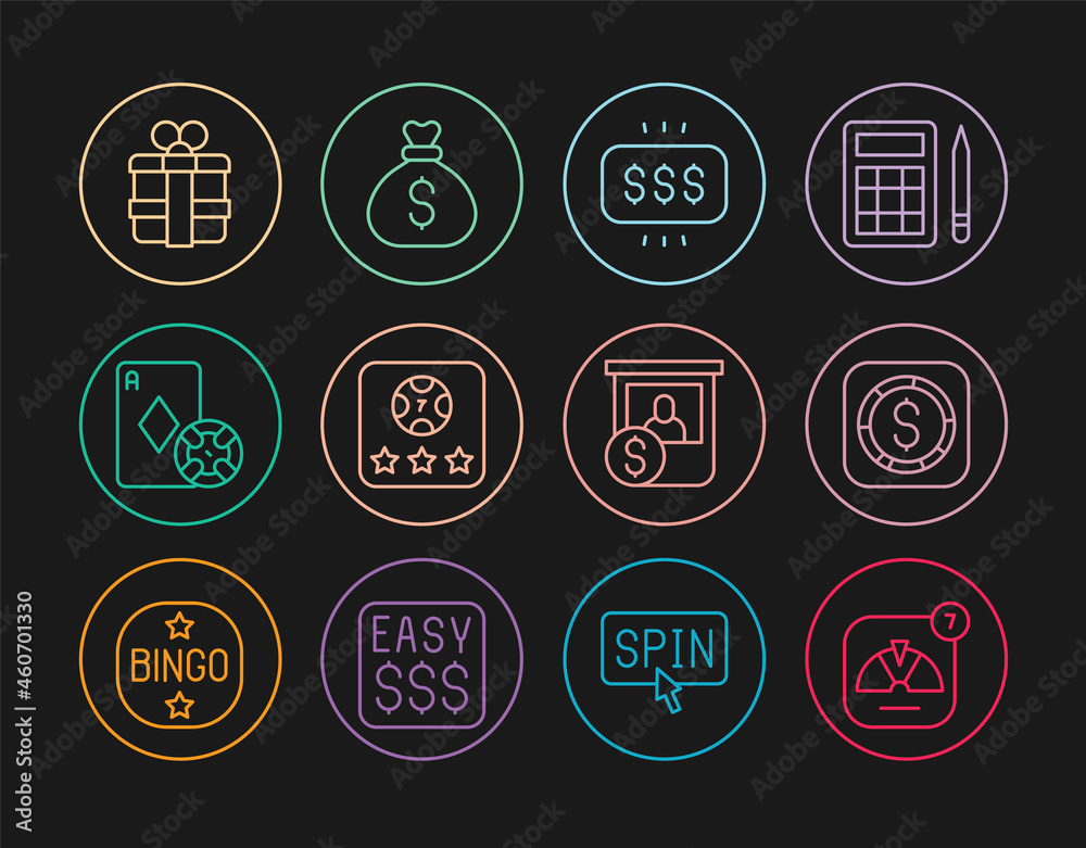 Set line Lucky wheel, Coin money with dollar, Money prize casino, Online poker table game, Casino chip and playing cards, Gift box, chips exchange and bag icon. Vector
