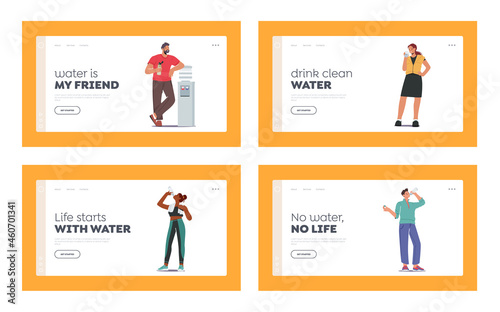 Thirsty People Drink Fresh Water Landing Page Template Set. Characters Young and Adults Drinking Cold Aqua from Cooler