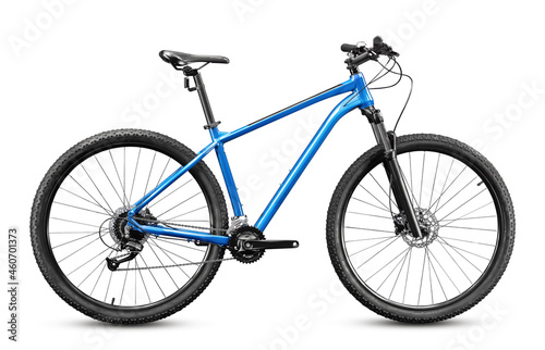 New mountain bicycle with 29 inches wheels and blue frame isolated on white background.