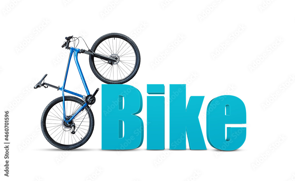 Blue mountain bicycle standing near word Bike on white background. Blue mountain bicycle standing near word Bike on white background.