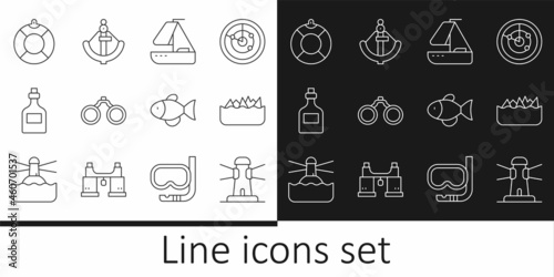 Set line Lighthouse, Sharp stone reefs, Yacht sailboat, Binoculars, Rum bottle, Lifebuoy, Fish and Anchor icon. Vector