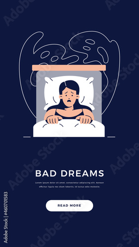 Nightmare disorder banner. Scared woman is lying in bed and being afraid of ghost, waking up from a nightmare. Sleeping disorder, insomnia, bad dream, night terror concept.Flat vector illustration