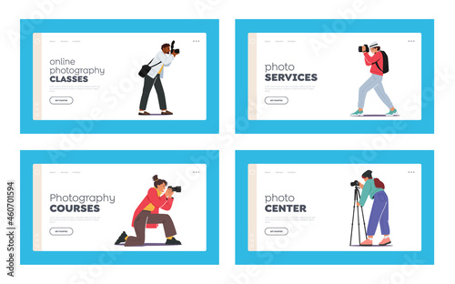 Professional Photographers with Photo Camera Landing Page Template Set. Creative Profession or Occupation