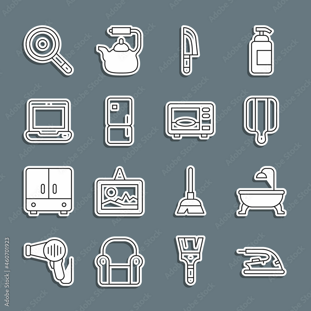 Set line Electric iron, Bathtub, Cutting board, Knife, Refrigerator, Laptop, Frying pan and Microwave oven icon. Vector Set line Electric iron, Bathtub, Cutting board, Knife, Refrigerator, Laptop, Frying pan and Microwave oven icon. Vector