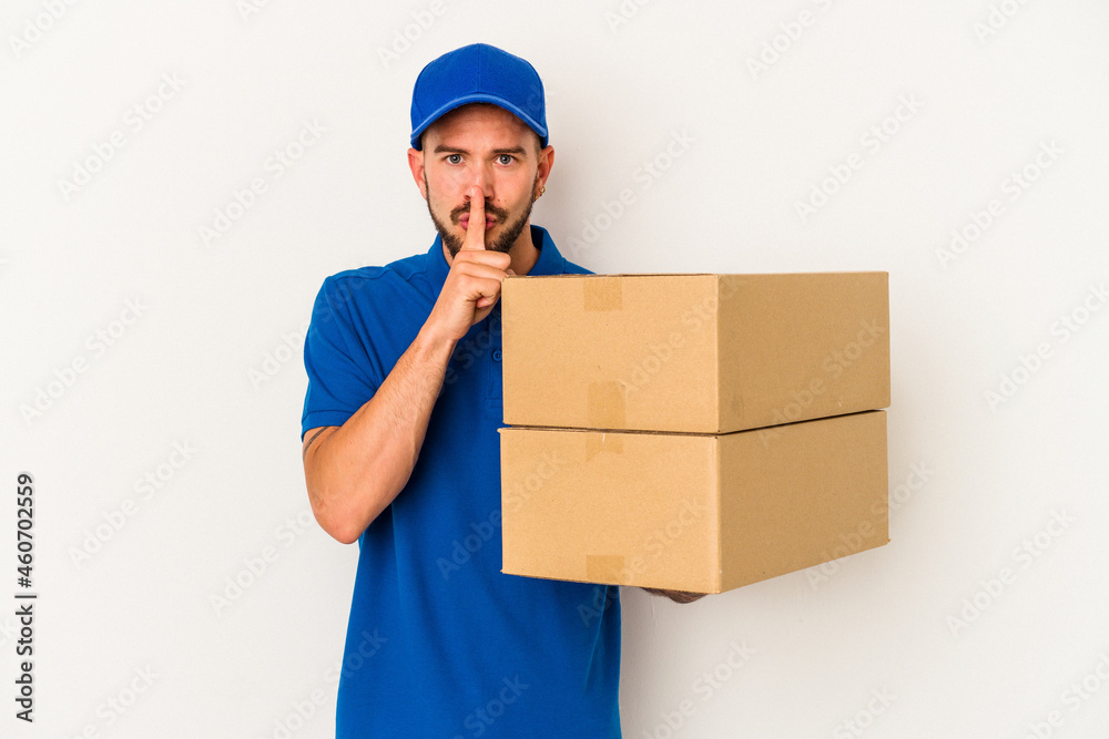 Young caucasian delivery man with tattoos isolated on white background keeping a secret or asking for silence. Young caucasian delivery man with tattoos isolated on white background keeping a secret or asking for silence.