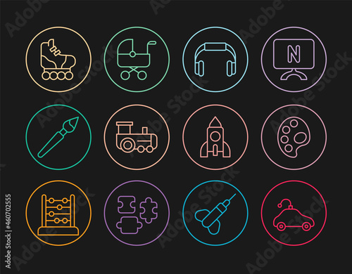 Set line Radio controlled car toy, Palette, Headphones, Toy train, Paint brush, Roller skate, Rocket ship and Baby stroller icon. Vector