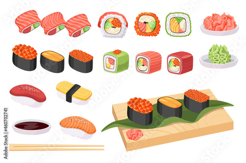 Set Japan Food, Japanese Cuisine Sushi and Rolls with Fish and Seaweeds. Seafood Gunkanmaki Ikura, Tobiko, Uni, Uramaki