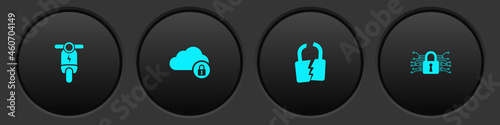 Set Electric scooter, Cloud computing lock, Broken or cracked and Cyber security icon. Vector