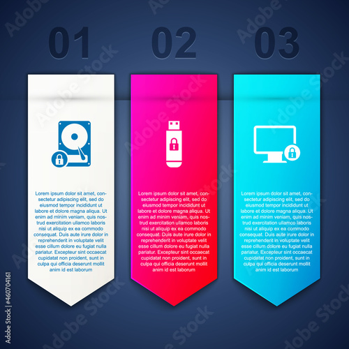 Set Hard disk drive and lock, USB flash with and Lock on monitor. Business infographic template. Vector