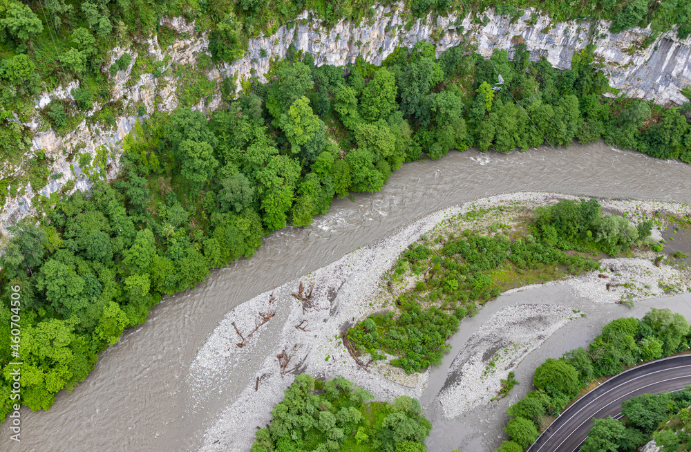 Aerial view from the suspension bridge on the Mzymta River in Skypark