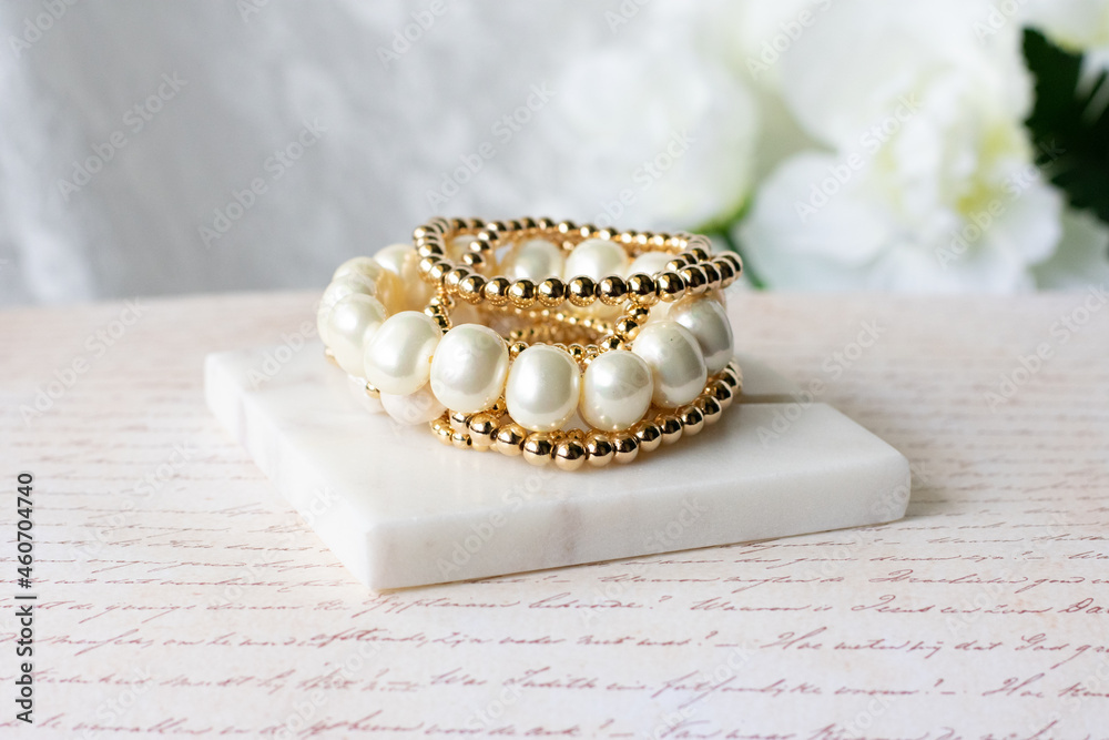 Pearl Fashion Bracelet stack, Gold accents Pearl Fashion Bracelet stack, Gold accents