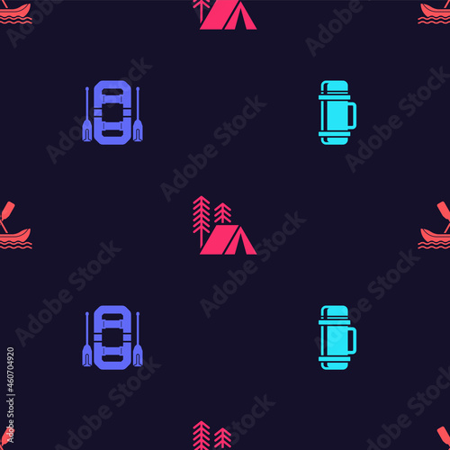 Set Thermos container, Rafting boat, Tourist tent and on seamless pattern. Vector