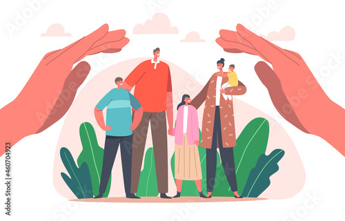 Family Protection Concept. Parents and Children Characters Stand under Huge Human Hands Protecting Mother, Father, Kids