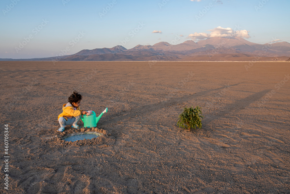 A little girl in a yellow coat gives water to a tree in the desert