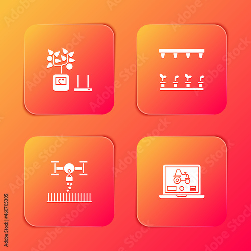 Set Smart farming technology, Automatic irrigation sprinklers, with drone and Laptop application for smart icon. Vector