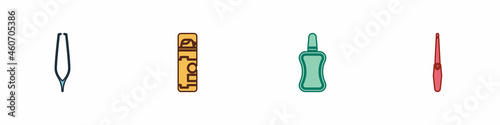 Set Eyebrow tweezers, Shaving gel foam, Nail polish bottle and file icon. Vector