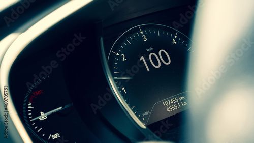 Speedometer fast. Car dashboard panel with speed meter, tachometer. Speed race background.