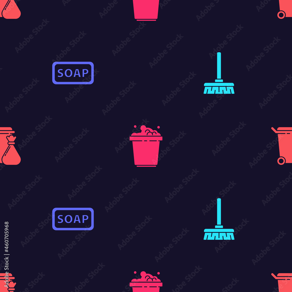 Set Handle broom, Bar of soap, Bucket with suds and Trash can garbage bag on seamless pattern. Vector Set Handle broom, Bar of soap, Bucket with suds and Trash can garbage bag on seamless pattern. Vector