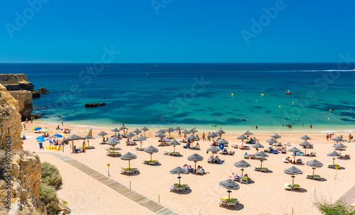 Panoramic aerial drone view of Praia do Castelo beach, Albufeira, Algarve, Portugal © Martin Valigursky