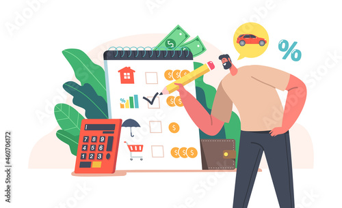 Family Collect Money, Budget Planning or Savings, Income Counting Concept. Happy Male Character Fill Form with Purchases
