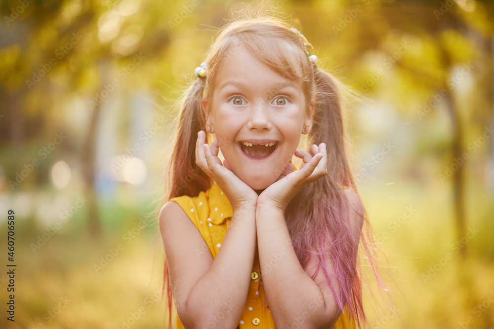 Toothless childrens smile. Little cute girl child laughs, shows the