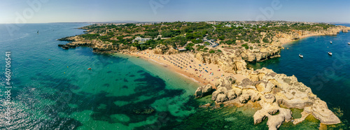 Panoramic aerial drone view of Praia do Castelo beach, Albufeira, Algarve, Portugal