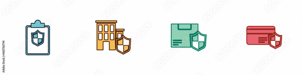 Set Document with shield, House, Delivery security and Credit card icon. Vector Set Document with shield, House, Delivery security and Credit card icon. Vector