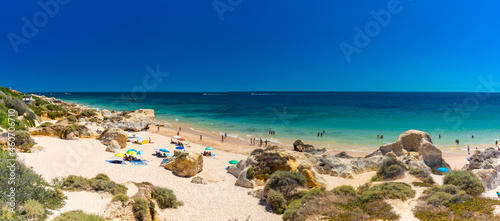 Panoramic aerial view of Praia Da Gale beach, near Albufeira and Armacao De Pera, Algarve, Portugal