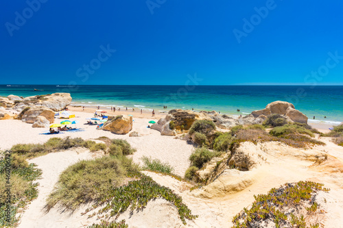 Panoramic aerial view of Praia Da Gale beach, near Albufeira and Armacao De Pera, Algarve, Portugal
