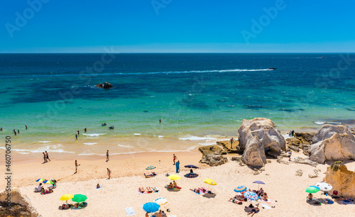 Panoramic aerial view of Praia Da Gale beach, near Albufeira and Armacao De Pera, Algarve, Portugal