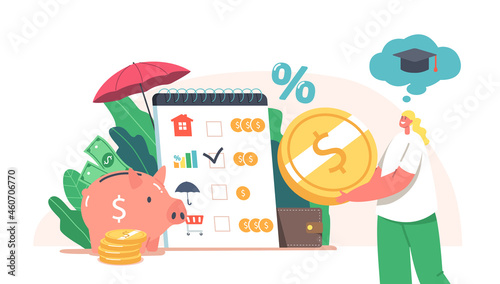 Tiny Female Characters Collect Coins into Huge Piggy Bank for Education. Earn and Save Money, Universal Basic Income
