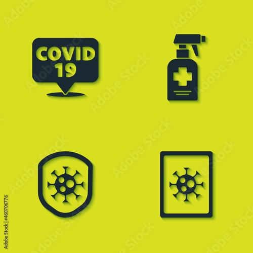 Set Corona virus on location, Virus statistics monitor, Shield protecting from and Liquid antibacterial soap icon. Vector
