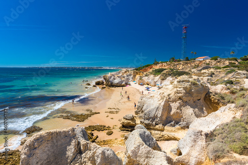 Panoramic aerial view of Praia Da Gale beach, near Albufeira and Armacao De Pera, Algarve, Portugal