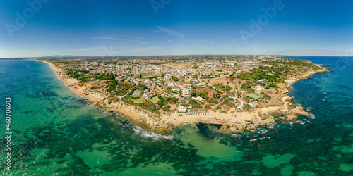 Panoramic aerial view of Praia Da Gale beach, near Albufeira and Armacao De Pera, Algarve, Portugal