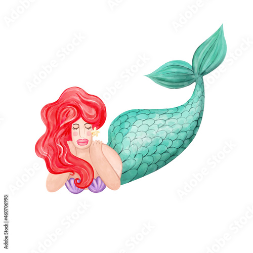 Beautiful mermaid with red hair on a white background. Hand-drawn watercolor illustration