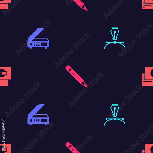 Set Fountain pen nib, Scanner, Pencil with eraser and Business card on seamless pattern. Vector