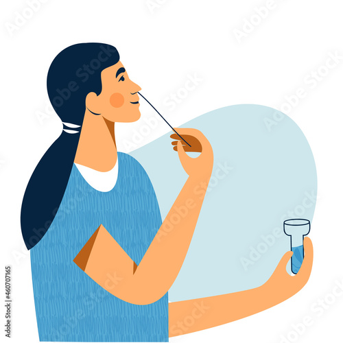 Covid nasal pcr swab rapid self test. Young woman using antigen test kit with self-administered swab. Quick antibodies exam. Woman taking smear for COVID-19 test herself. Flat vector illustration