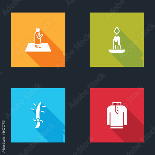 Set Muslim man prays, Burning candle, Arabian saber and Shirt kurta icon. Vector