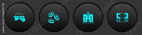 Set Car leasing percent, Coin money with dollar, Bank building and Stacks paper cash icon. Vector