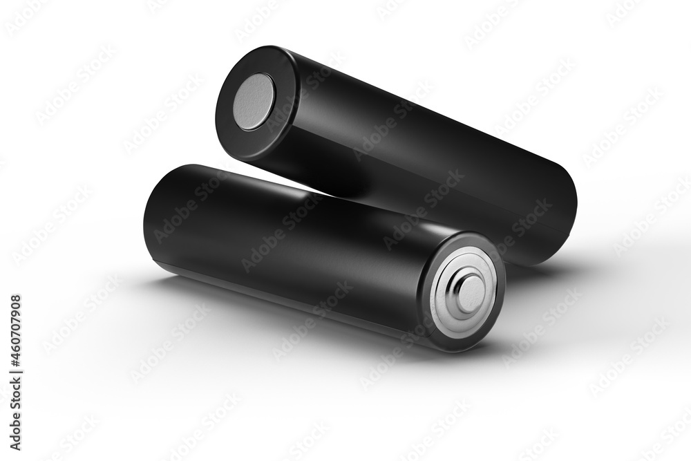 2 black batteries on a white background with a shadow. 3d render. 2 black batteries on a white background with a shadow. 3d render.