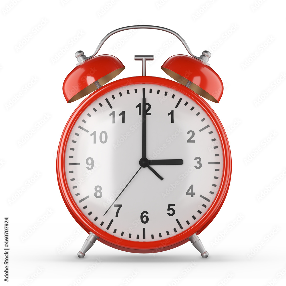 Red alarm clock on a white background. Front view. 3d render. Red alarm clock on a white background. Front view. 3d render.