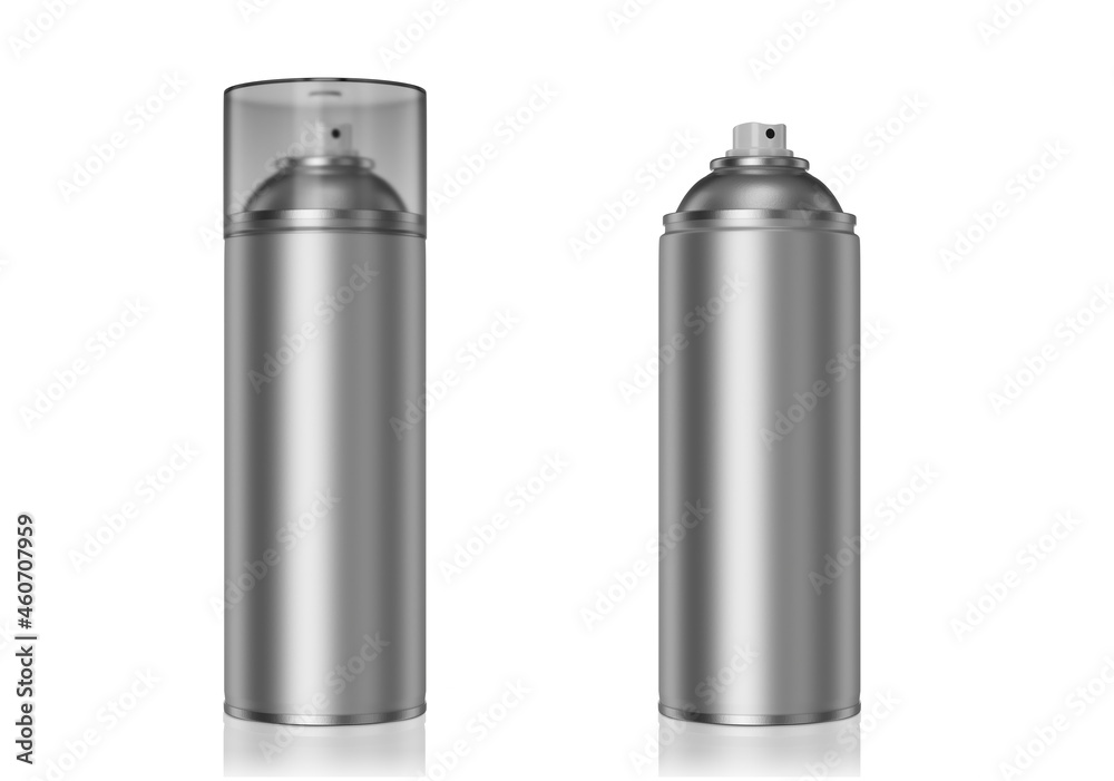 Mockup of metal spray paint cans. Spray with edge. Spray paint with cap and no cap. 3d render. Mockup of metal spray paint cans. Spray with edge. Spray paint with cap and no cap. 3d render.